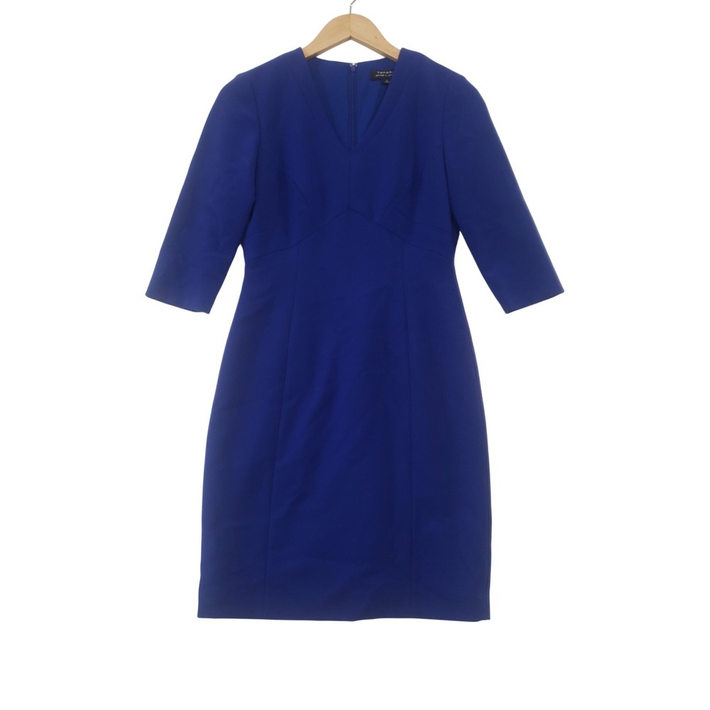 Tahari Arthur S Levine Sheath Dress 2 Royal Blue V Neck 3/4 Sleeve Professional